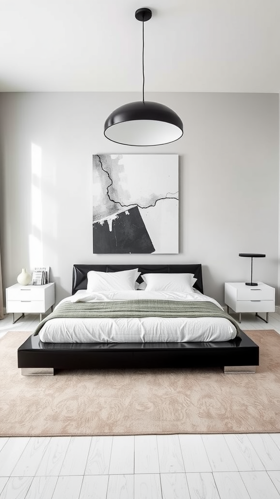 A modern bedroom featuring a black bed, minimalist furniture, and geometric wall art.