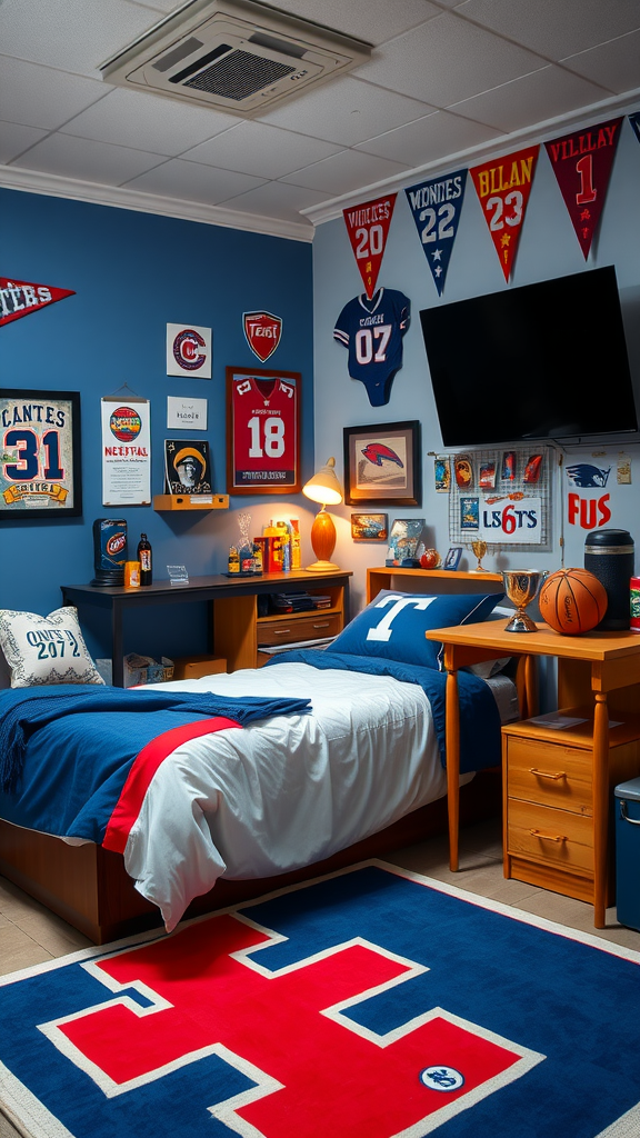 A vibrant sports-themed dorm room with team memorabilia, bedding, a rug, and a desk.