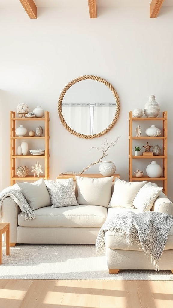 A bright coastal living room featuring a comfortable sofa, wooden shelves with decorative items, and a round mirror with a rope frame.