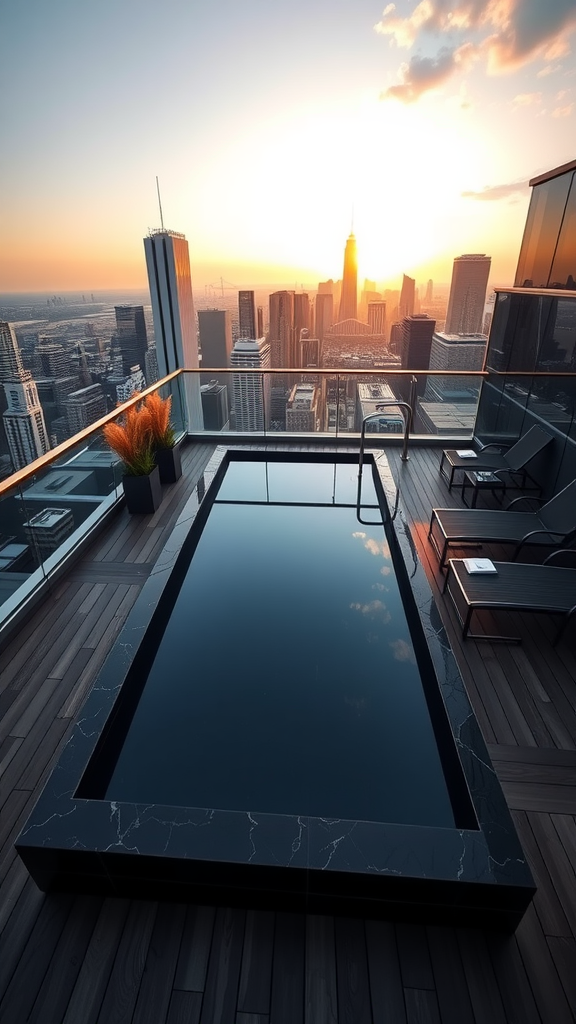 A luxurious rooftop pool with a black marble finish overlooking a city skyline at sunset.