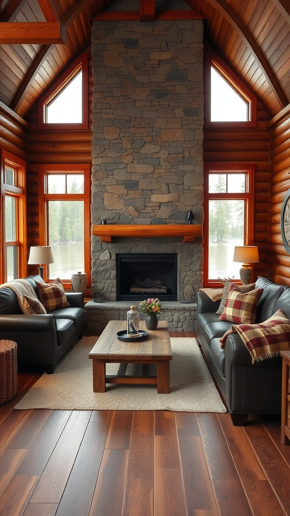 Cozy lake house living room with stone fireplace and large windows overlooking a scenic view.