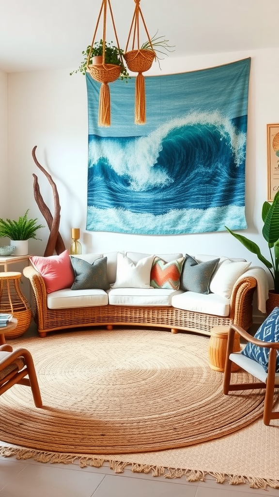 A cozy coastal boho living room featuring a wave tapestry, rattan sofa, colorful pillows, and hanging planters.