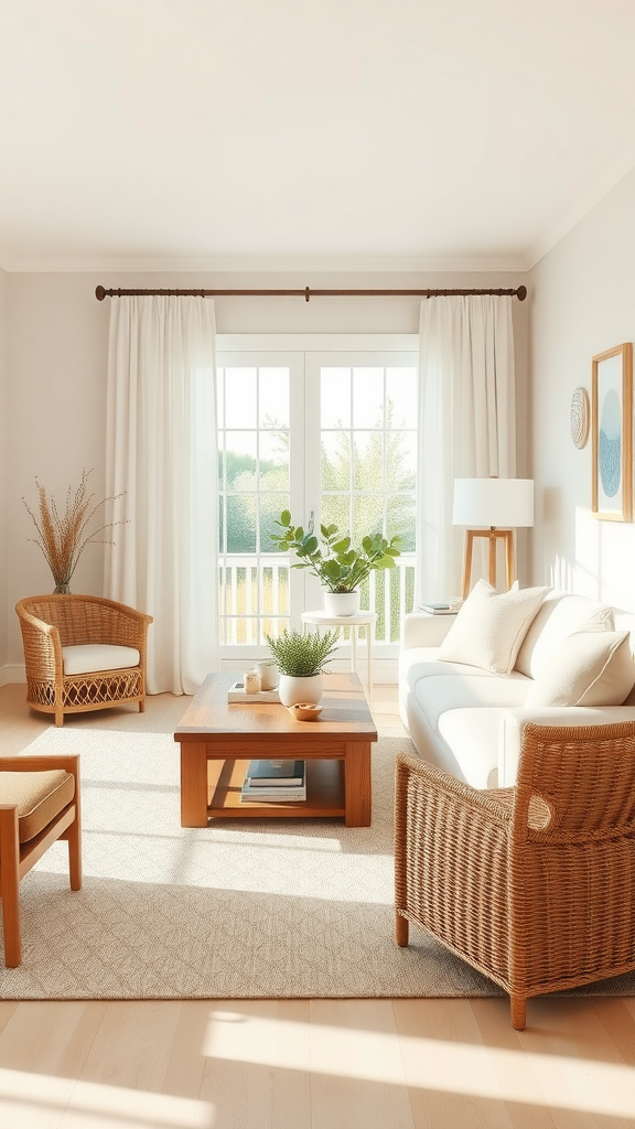 A bright and airy coastal living room featuring neutral colors, rattan furniture, and large windows.