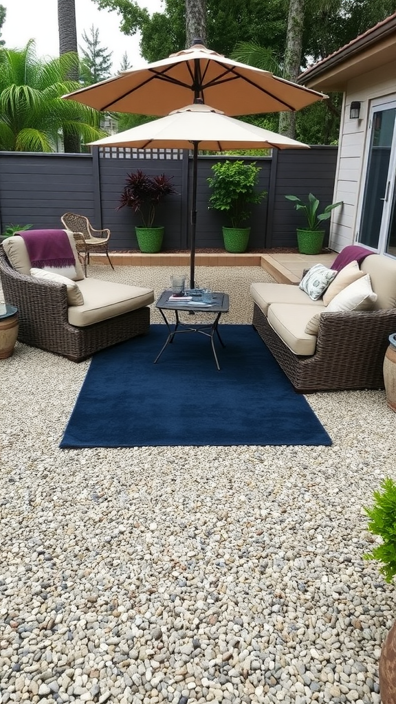 A cozy gravel patio featuring two plush chairs and a coffee table under two umbrellas, with a blue outdoor rug and potted plants in the background.