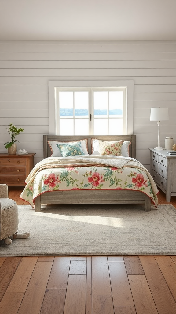 Cozy farmhouse style lake house bedroom with a floral quilt, wooden furniture, and a view of the lake