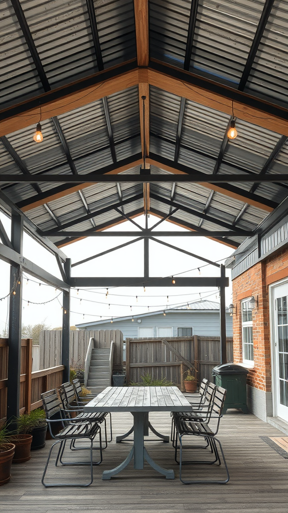 An industrial-style patio roof extension with a metal roof and wooden beams, featuring a table and chairs.