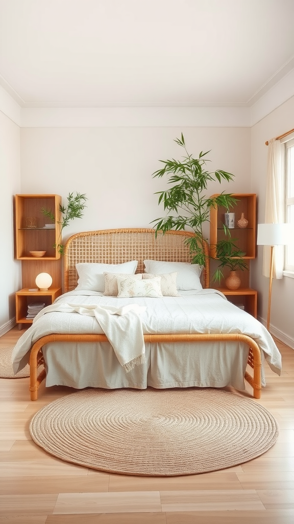 A serene Japandi bedroom featuring a rattan bed, natural wood shelves, plants, and neutral bedding.