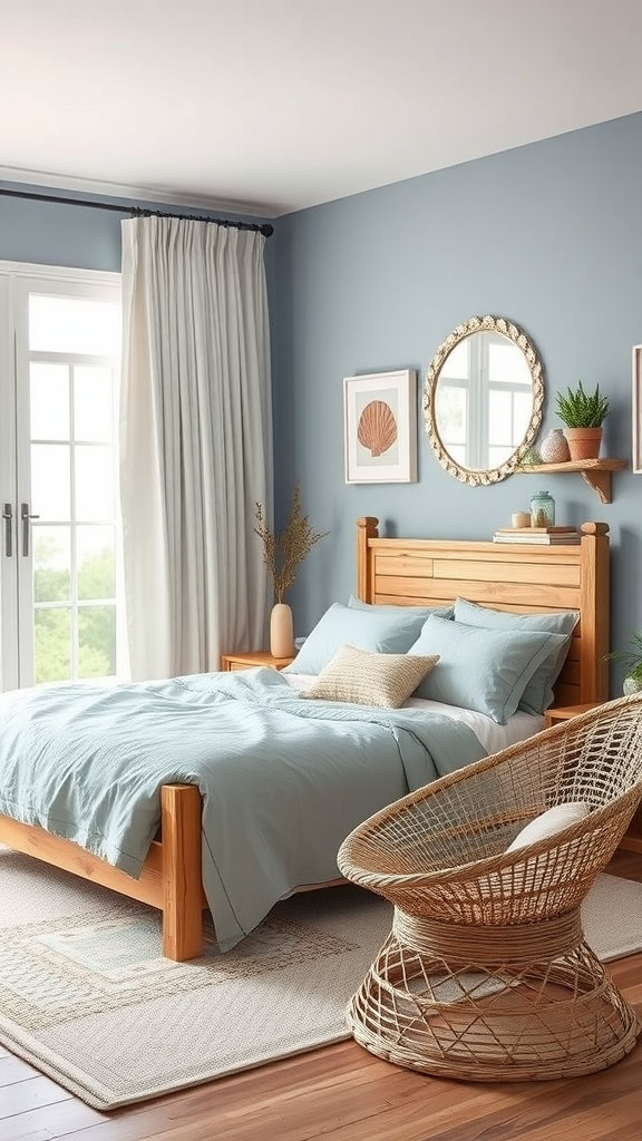 A cozy oceanic boho coastal bedroom with a blue wall, wooden furniture, and natural textures