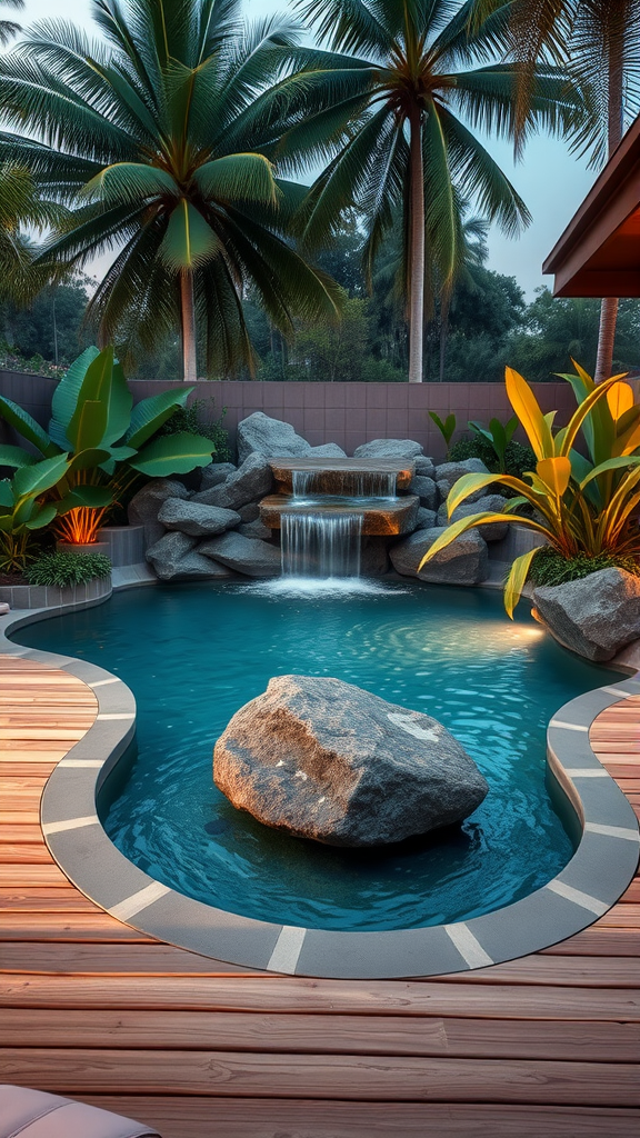 An organic-shaped pool surrounded by tropical plants and a waterfall, creating a serene and inviting atmosphere.