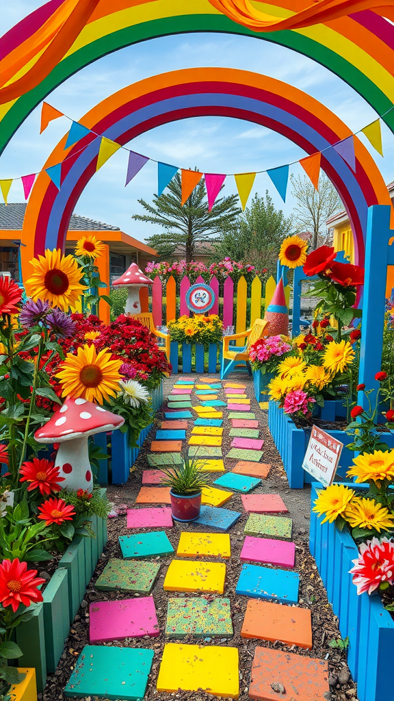 A vibrant garden with a rainbow arch, colorful flowers, and a brightly painted pathway.