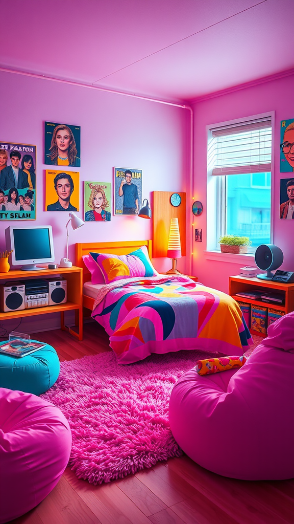 A vibrant retro 90s dorm room with bright pink walls, colorful bedding, and bean bags.