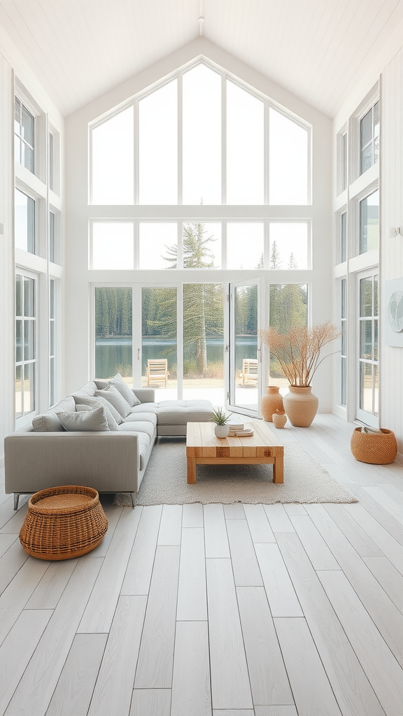 A Scandinavian-inspired living room with large windows overlooking a lake, featuring a grey sofa, wooden coffee table, and natural decor.