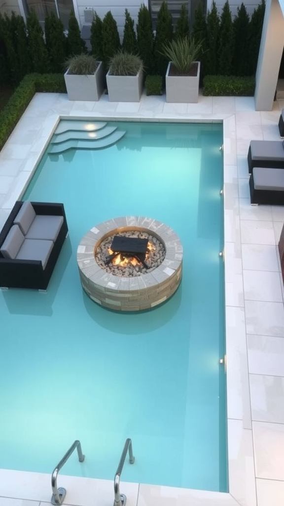 Small pool with a fire pit surrounded by modern seating and planters