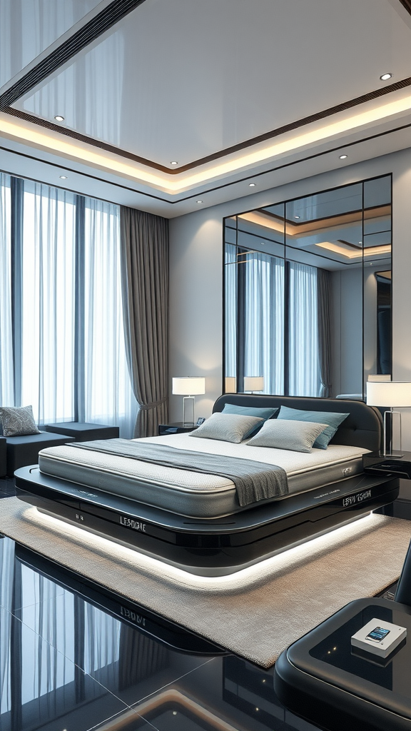 A modern bedroom featuring a sleek bed, large windows, and smart technology.