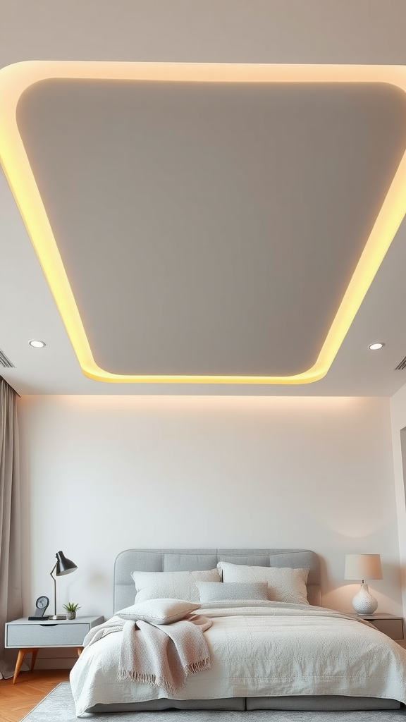 A stylish bedroom showcasing a step-down ceiling design with recessed warm lighting.