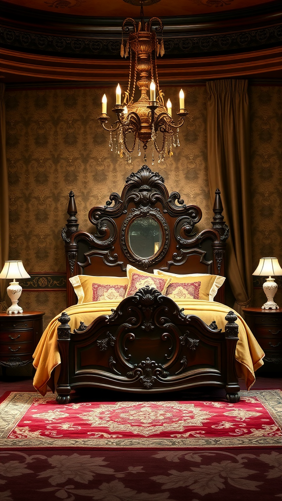 A traditional Victorian bedroom featuring an ornate bed, a chandelier, and rich decor