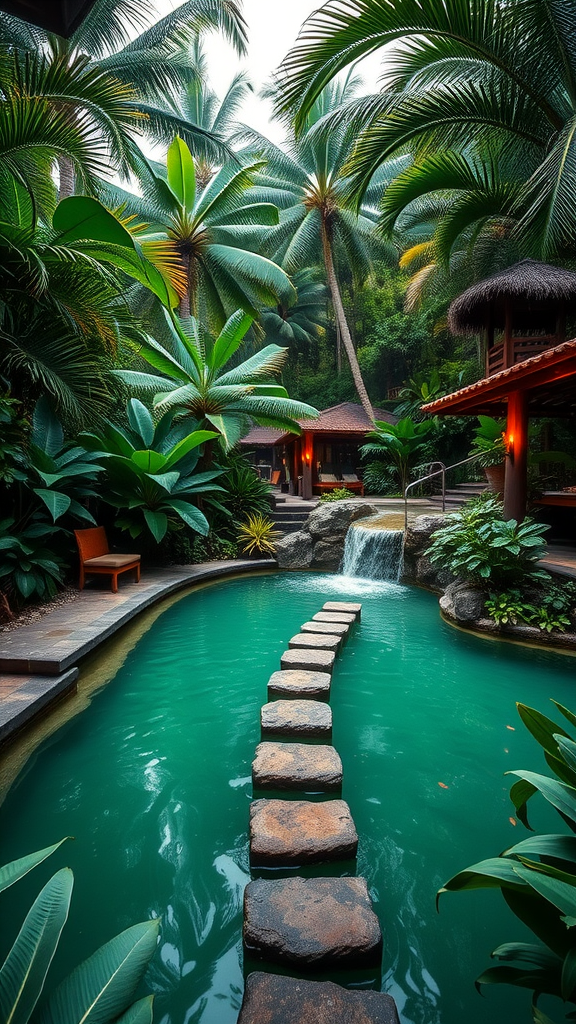 A serene tropical rainforest pool featuring stepping stones, lush greenery, and a waterfall.