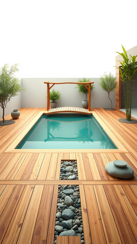 A serene Zen garden pool deck with a wooden pool surrounded by plants and stones.