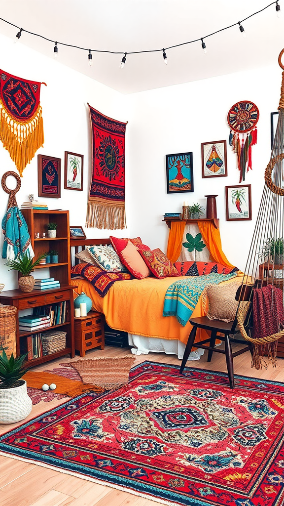 A bohemian styled dorm room featuring colorful textiles, wall art, and plants