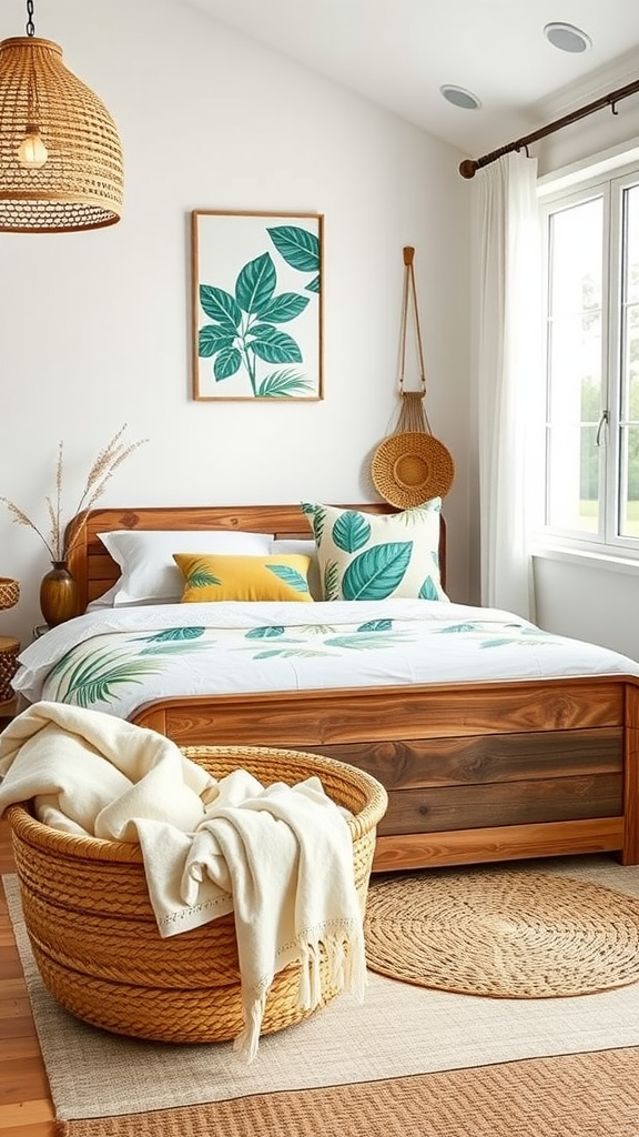 Boho coastal bedroom featuring palm leaf prints, wooden bed frame, and woven decor elements.