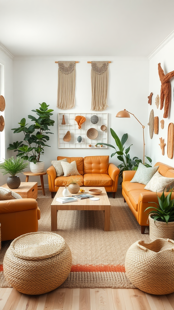 Cozy boho coastal living room with orange leather sofas, plants, and natural textures.