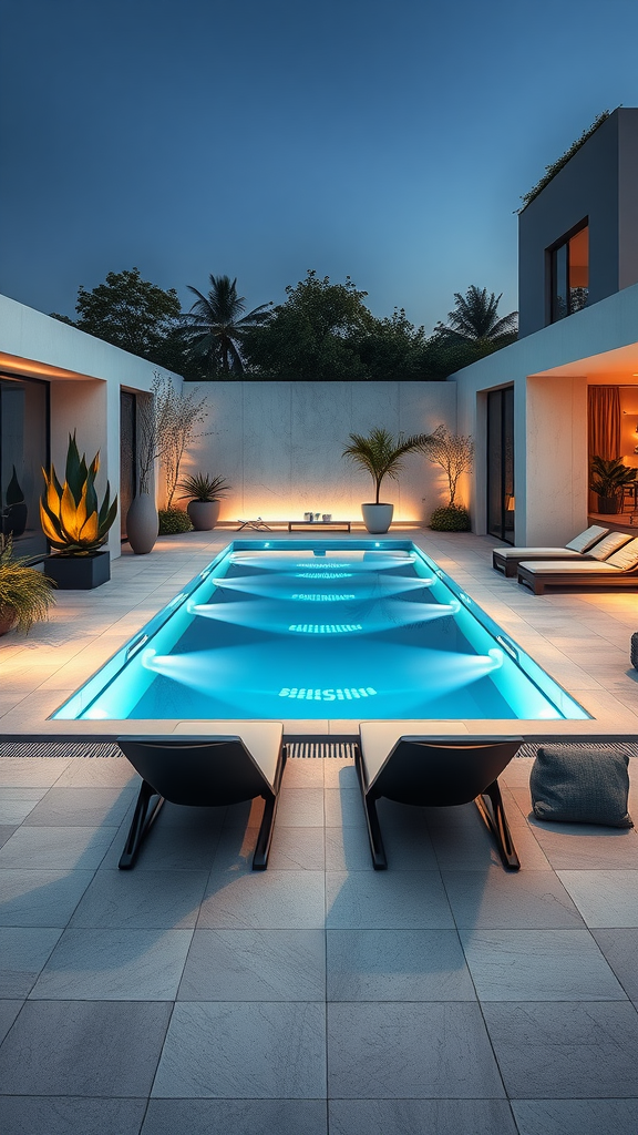 A contemporary glass pool with glowing lights and stylish seating