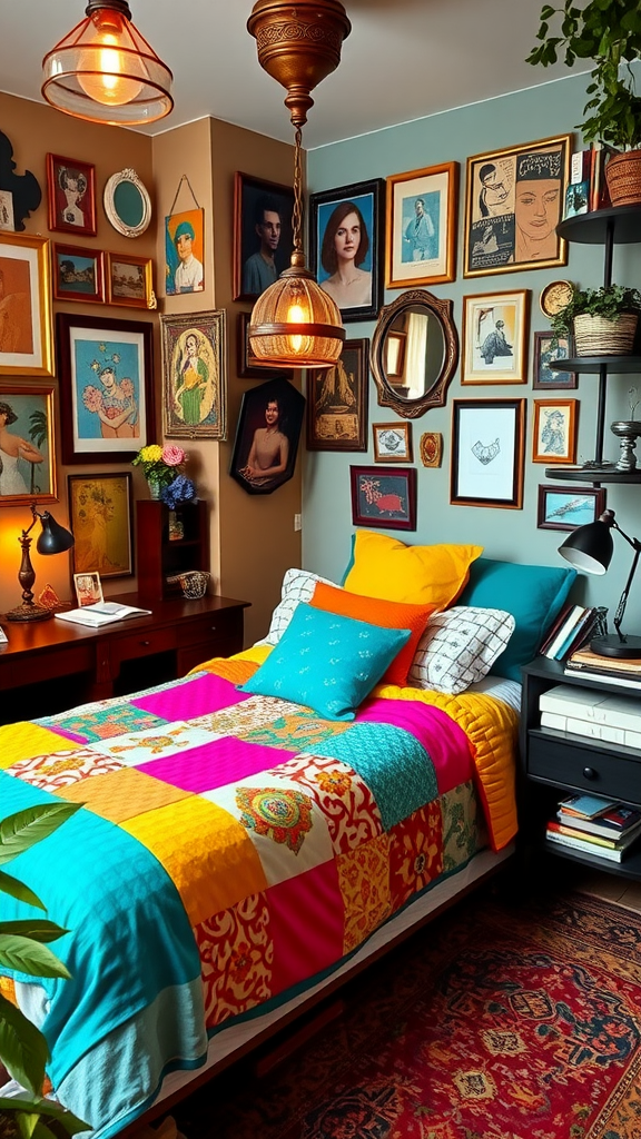 Colorful and cozy dorm room with eclectic decor, featuring a mix of bedding patterns, wall art, and vintage lighting.