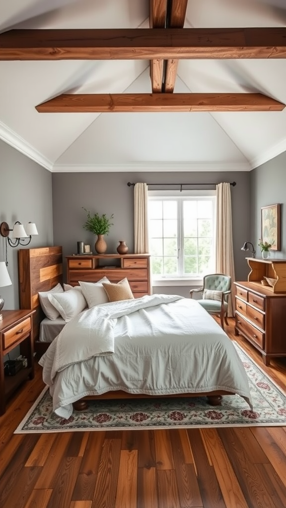 Cozy modern farmhouse bedroom with wooden beams, a large bed, and warm gray walls.