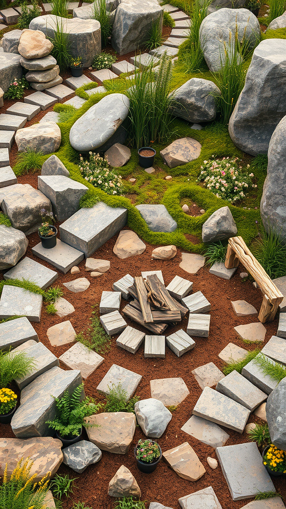 A beautifully arranged hippie rock garden with stones, plants, and a fire pit.