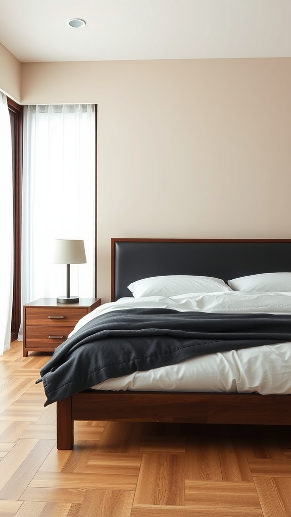 A Japandi style bedroom featuring a dark wood bed with dark bedding, light walls, and wooden flooring.