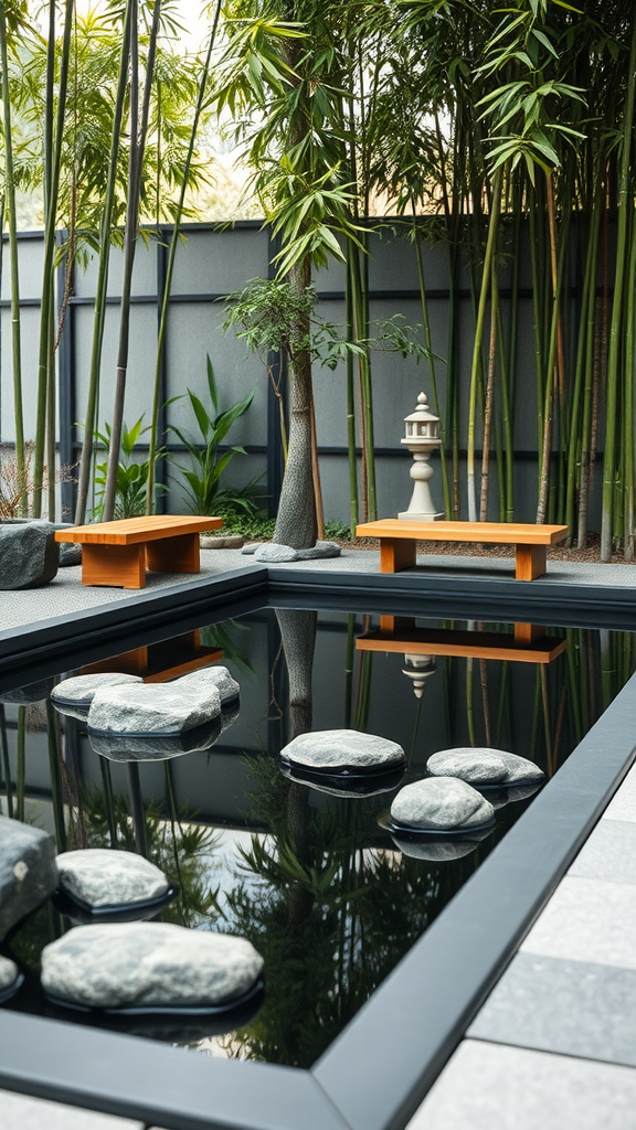 A Japanese Zen pool surrounded by bamboo, with smooth stones and wooden benches.