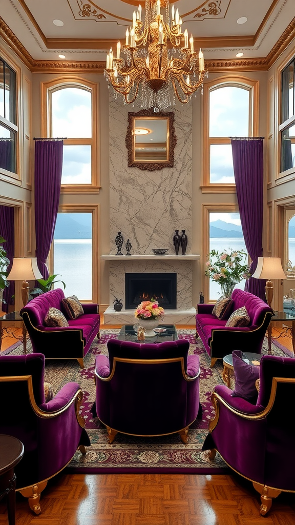 Luxurious lake house living room with purple furniture, large windows, and a chandelier