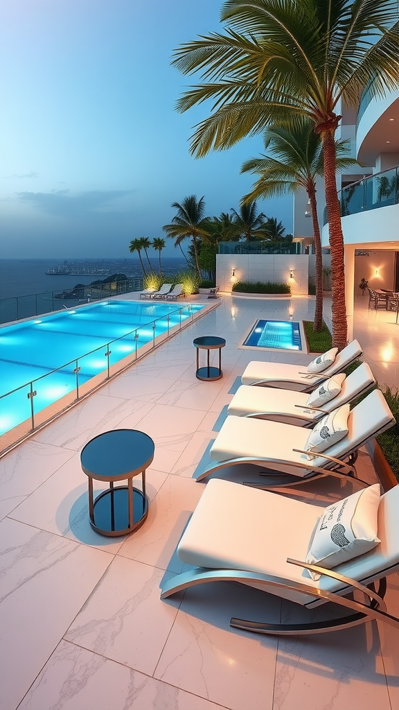 Luxury resort pool deck with lounge chairs, a glowing pool, and palm trees at dusk.