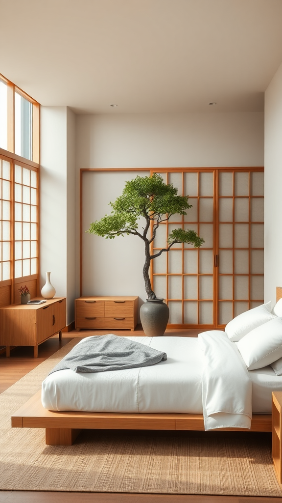 A modern Zen bedroom featuring light wood furniture, a cozy bed with white bedding, a decorative indoor tree, and large windows that allow natural light.