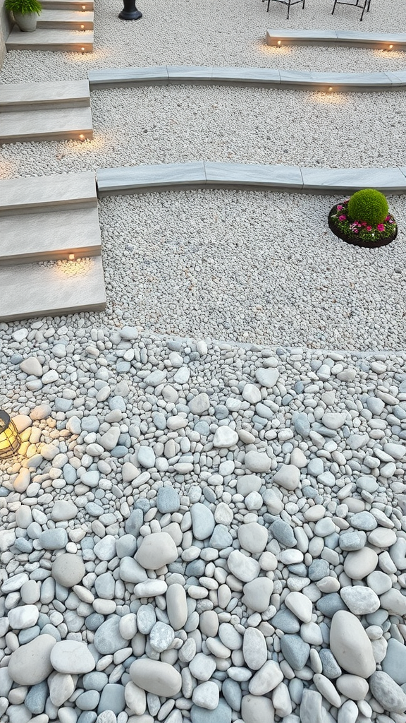 A multi-level gravel patio featuring smooth stones and stylish steps with lighting.