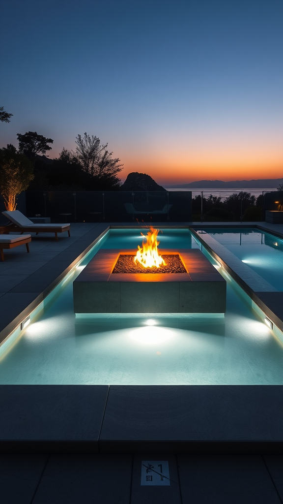 A modern rectangular pool featuring a central fire pit, illuminated at sunset.