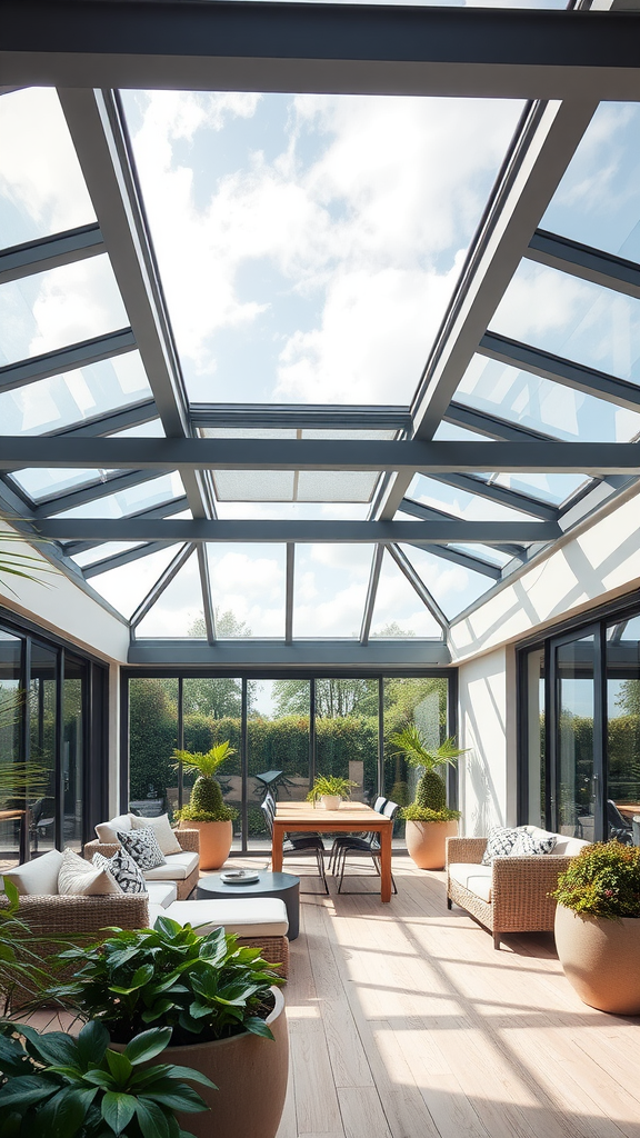 A modern patio space with a glass skylight roof, featuring comfortable seating and greenery.