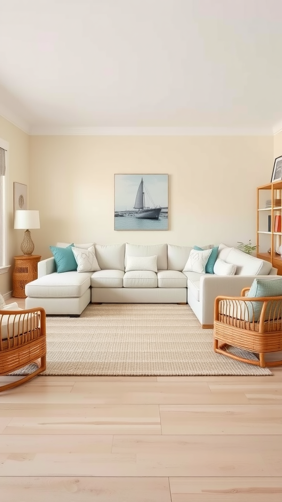 A neutral coastal living room featuring a large white sectional sofa, rattan chairs, and coastal-themed decor.