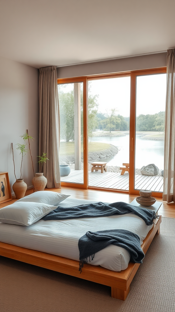 A tranquil lake house bedroom featuring a low wooden bed, large windows with a view of the lake, and natural decor elements.