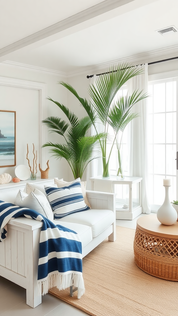 A boho coastal living room with a white sofa, blue striped throw, indoor plants, woven coffee table, and large windows.