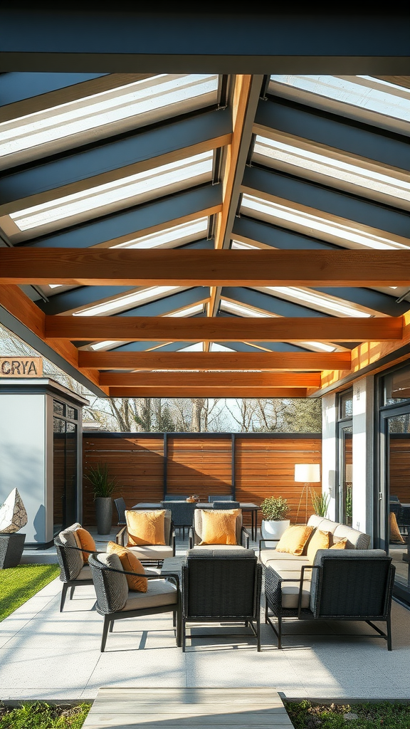 A modern patio with a metal and wood roof extension, featuring comfortable seating and natural light