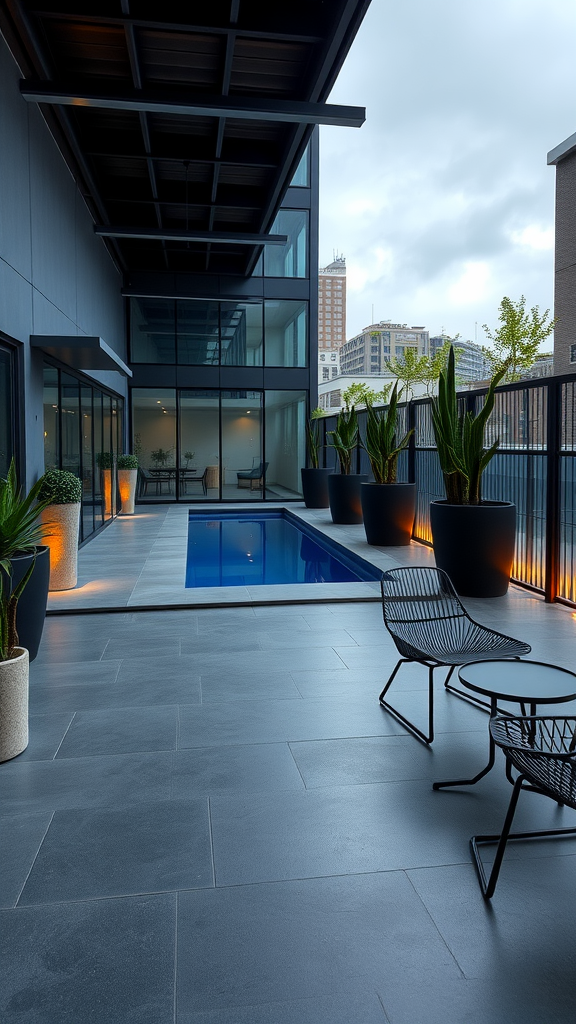 A contemporary urban pool deck featuring a sleek design with a deep blue pool, large planters, and minimalistic seating.