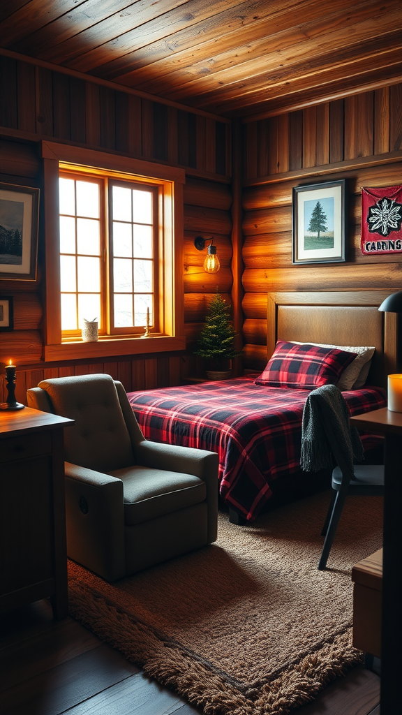 A cozy cabin-style dorm room featuring wood paneling, a plaid bedding set, a comfortable chair, and warm lighting.