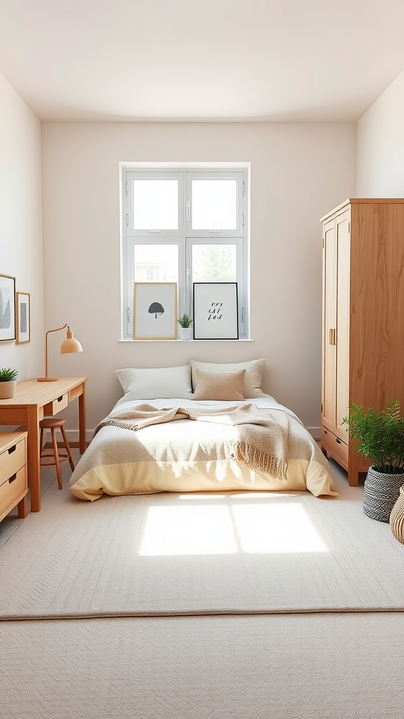 A cozy neutral dorm room featuring a bed with soft blankets, a wooden desk, and natural light streaming through a window.