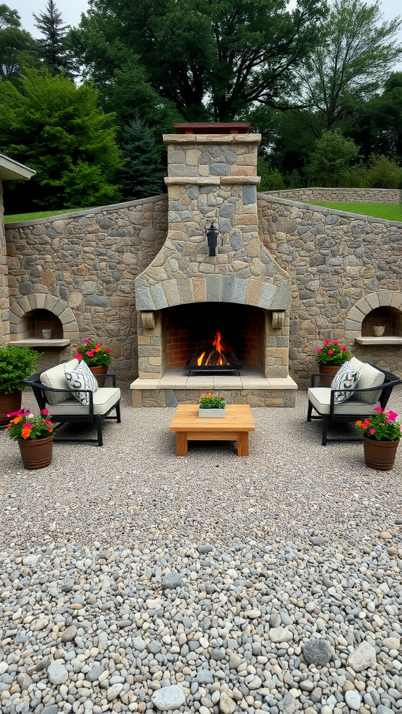 A gravel patio featuring a stone fireplace with seating and potted flowers.