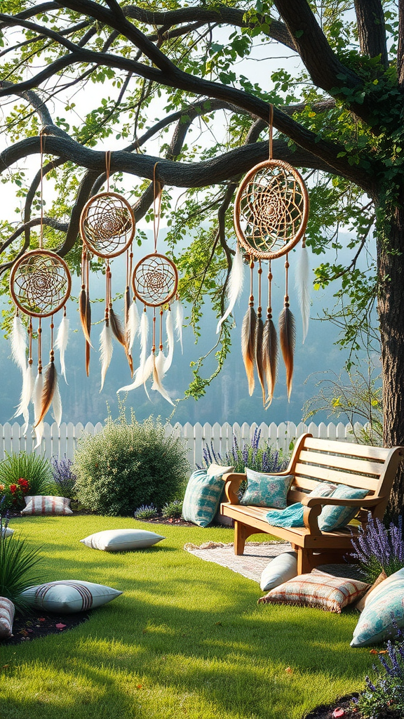 A serene hippie garden featuring dreamcatchers hanging from a tree, a wooden bench, and colorful cushions.