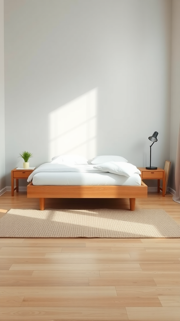 A serene Japandi bedroom featuring a low wooden bed, nightstands, and a rug, with natural light streaming in.