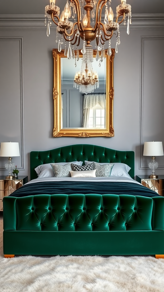 A luxurious Hollywood glam bedroom featuring a green velvet bed, ornate chandelier, and stylish decor.