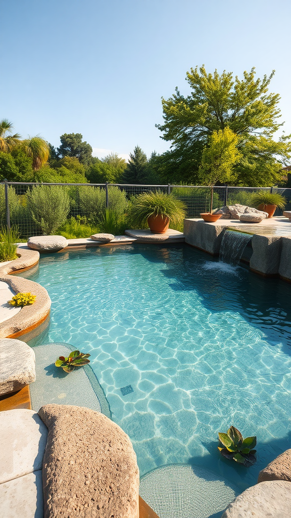 A natural pool surrounded by stones and greenery, featuring a small waterfall and potted plants