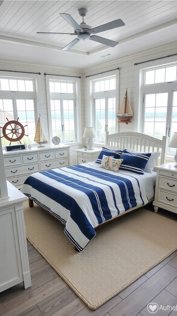 A bright and airy nautical-themed bedroom with blue and white striped bedding, large windows, and coastal decor.